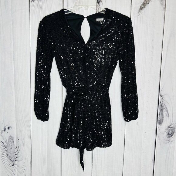Midnight Doll Black Full Sequin Shorts Romper Tie Waist Sz XS Long Sleeve - Picture 1 of 8